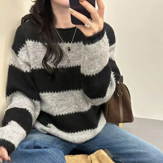 Striped Round Neck Knit Sweater