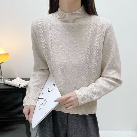 Textured Cable Knit Mock Neck Long-Sleeve Top