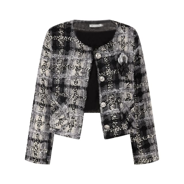 Tweed Button Up Jacket / High Rise Mini A-Line Skirt / Long-Sleeve Plain Ruffle Trim Blouse