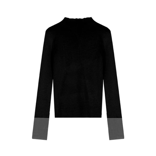 Color-Block Slim Fit Mock Neck Long Sleeve Knit Tee