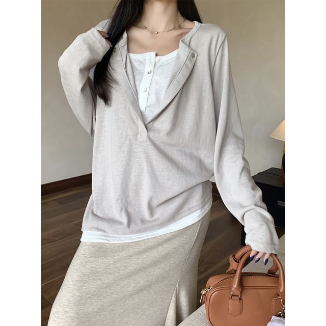 Loose Color-Block Two-Piece Long Sleeve Tee