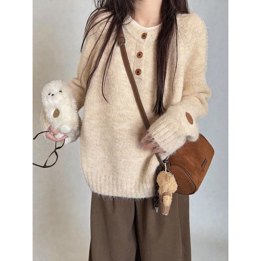 Relaxed Half-Button Long Sleeve Knit Sweater