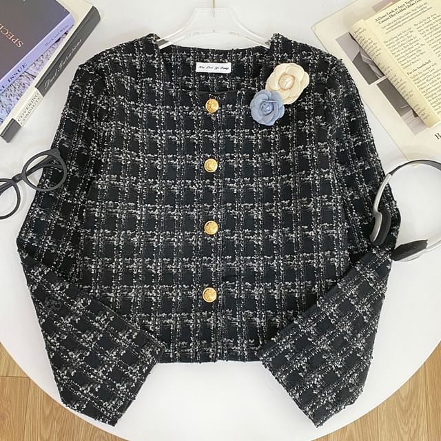 Crew Neck Plaid Flower Accent Button-Up Tweed Crop Jacket