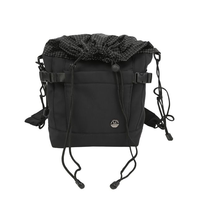 Plaid Panel Buckled Drawstring Crossbody Bag