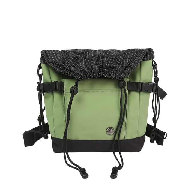 Plaid Panel Buckled Drawstring Crossbody Bag