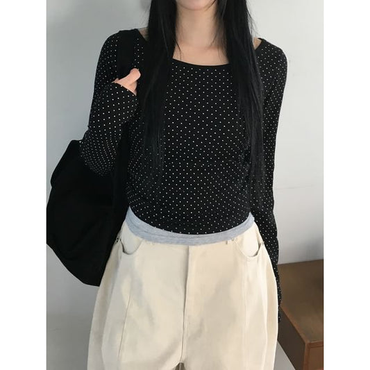 Long Sleeve Polka Dot Fitted Tee