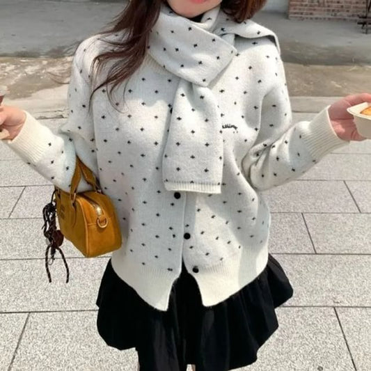 Dotted Cardigan & Scarf Set