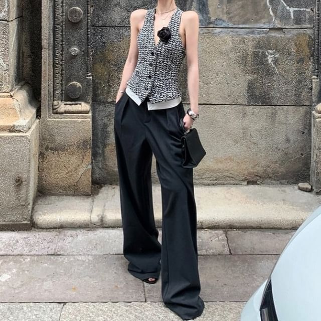 Halter-Neck Tweed Button-Up Vest / High Rise Wide Leg Pants