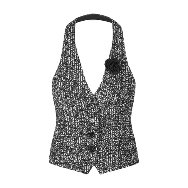 Halter-Neck Tweed Button-Up Vest / High Rise Wide Leg Pants