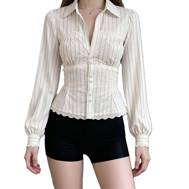 Lace-Trimmed Striped Long-Sleeve Shirt