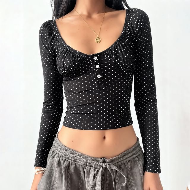 Polka Dot Scoop Neck Crop Top with Long Sleeves