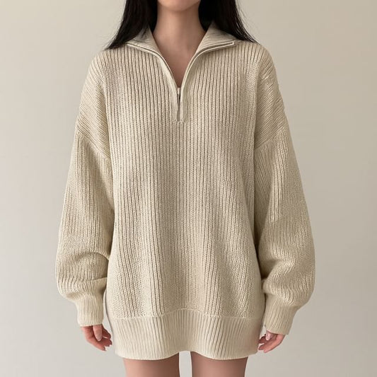 Oversized Half-Zip Ribbed Knit Sweater