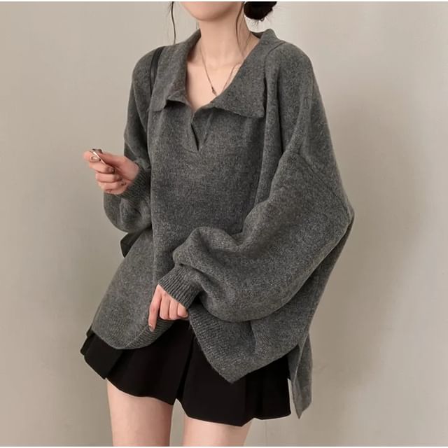 Drop Shoulder Collared Solid Knit Sweater