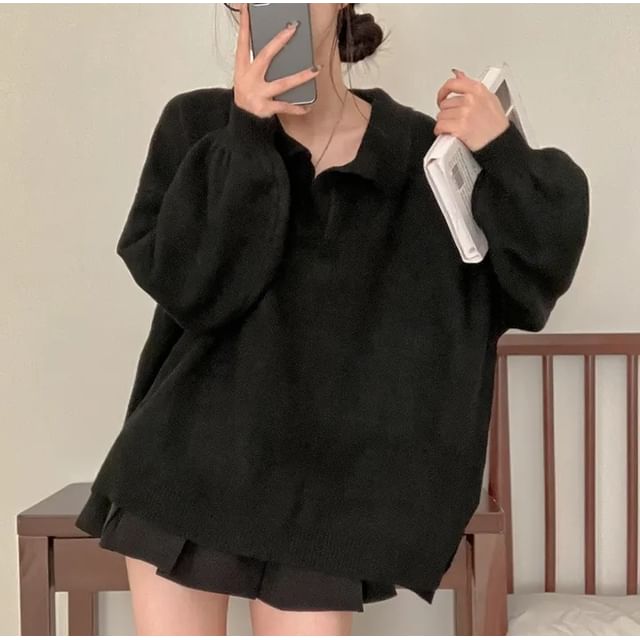 Drop Shoulder Collared Solid Knit Sweater