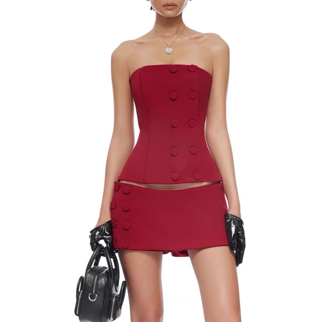 Button-Accented Tube Top with Low-Rise Mini Skort Set