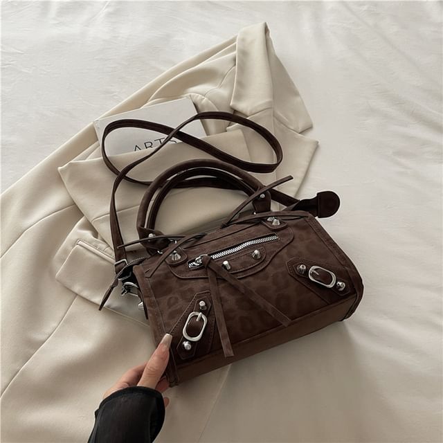 Leopard Patterned Studded Panel Crossbody Shoulder Bag