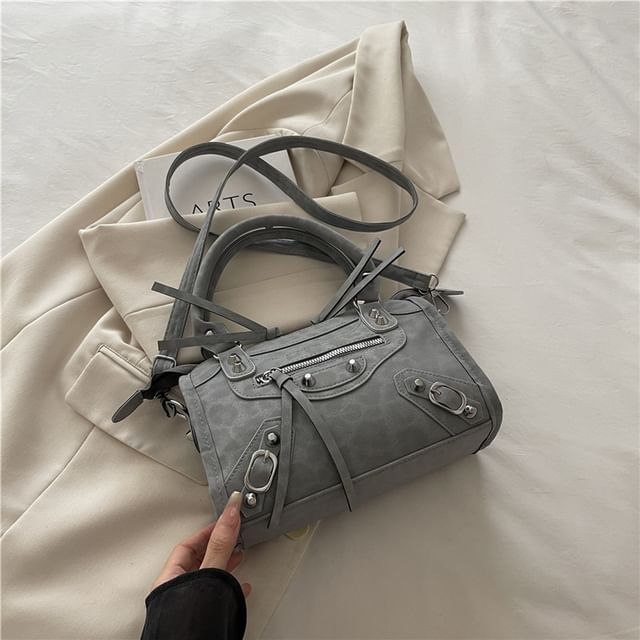 Leopard Patterned Studded Panel Crossbody Shoulder Bag