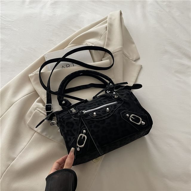 Leopard Patterned Studded Panel Crossbody Shoulder Bag