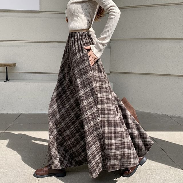 High-Waist Plaid Maxi A-Line Skirt