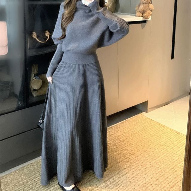 Turtleneck Drop Shoulder Sweater & Maxi Skirt Set
