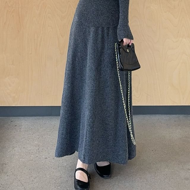 Long-Sleeve Knit Top & Tie Neck Cape & Maxi Skirt Set