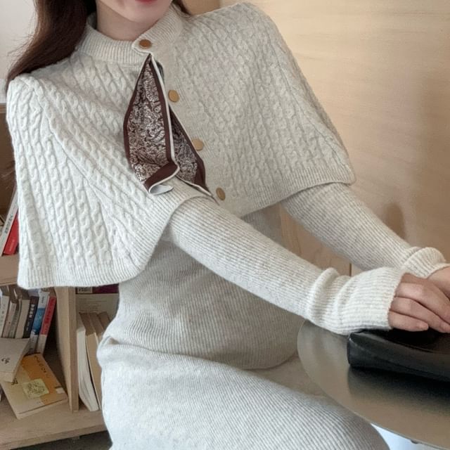 Long-Sleeve Knit Top & Tie Neck Cape & Maxi Skirt Set