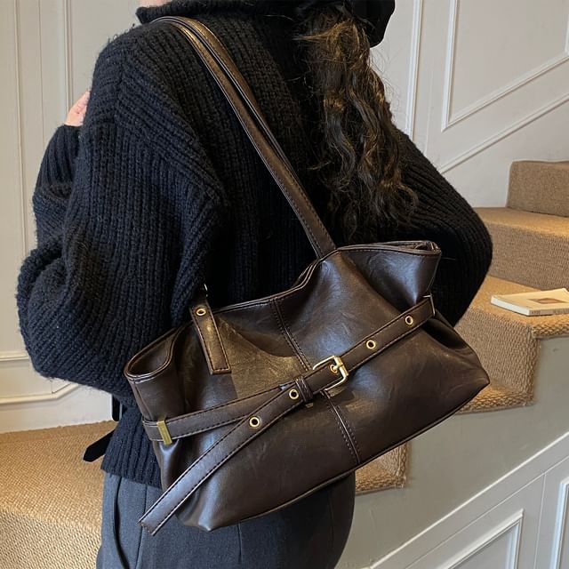 Belted Faux Leather Shoulder Bag