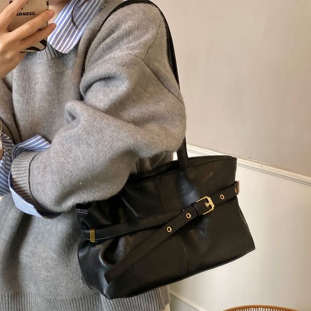 Belted Faux Leather Shoulder Bag