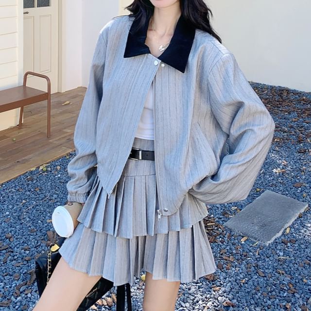 Contrast Collar Striped Zip Jacket and Tiered Pleated Mini Skirt Set