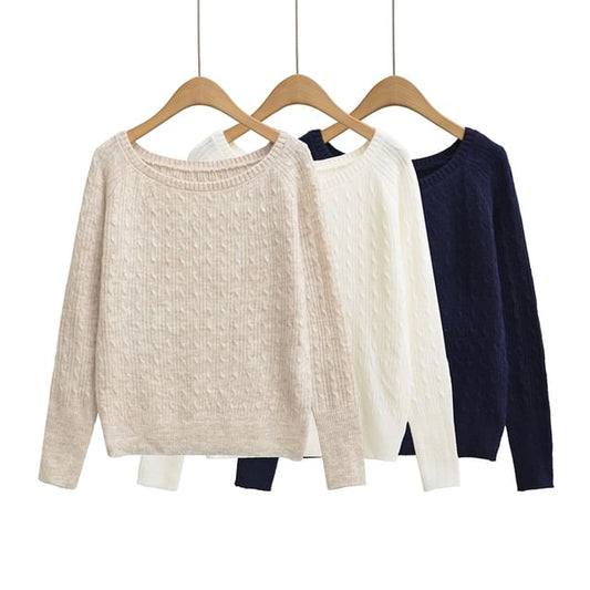 Crew Neck Cable Knit Pullover Sweater with Ribbed Cuffs