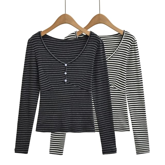 Striped Button-Front V-Neck Long-Sleeve Shirt