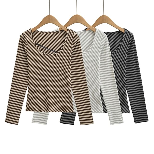 Striped Crew Neck Long-Sleeve Knit Tee with Scoop Collar