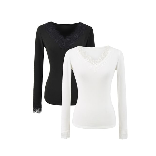 Lace Panel V-Neck Long-Sleeve Blouse with Sheer Insets