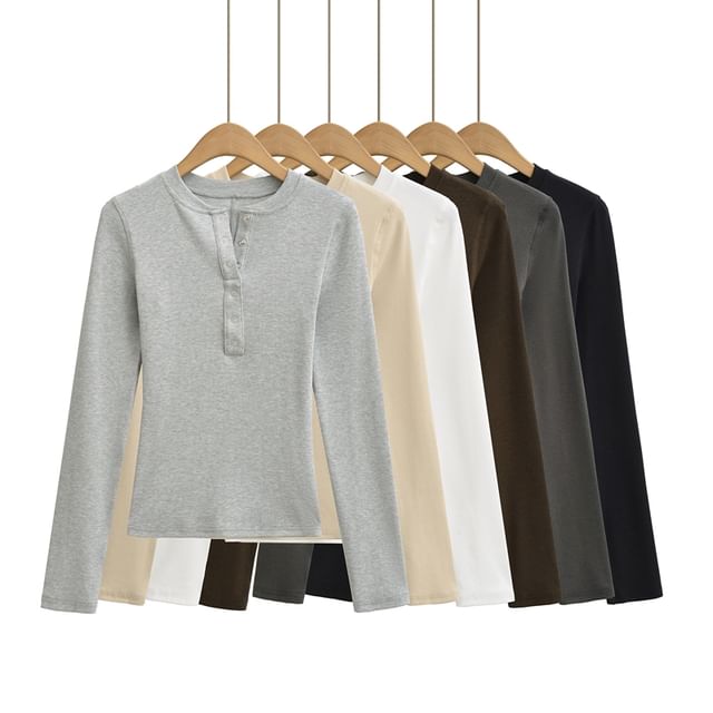 Henley Neck Plain Long-Sleeve Knit Tee with Button Placket