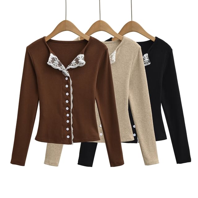 Open Placket Lace-Trimmed Long-Sleeve Blouse with Buttons