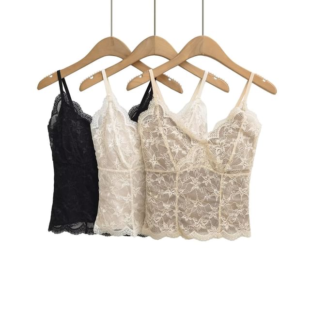 Padded Lace Overlay V-Neck Cami with Plunge Detail