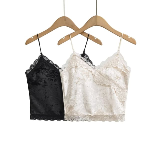 Velvet Lace-Trimmed Deep V-Neck Cami Blouse
