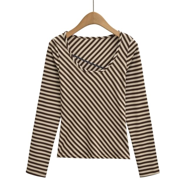 Striped Crew Neck Long-Sleeve Knit Tee with Scoop Collar