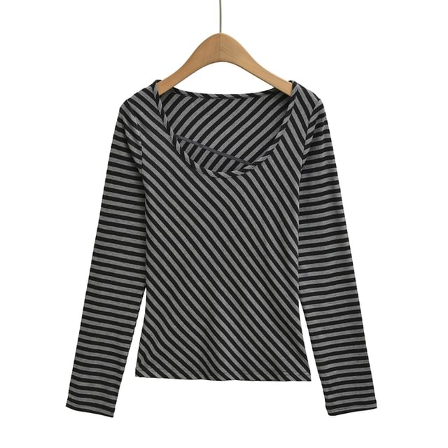 Striped Crew Neck Long-Sleeve Knit Tee with Scoop Collar