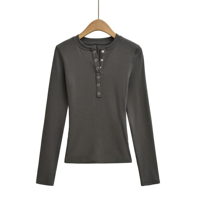 Henley Neck Plain Long-Sleeve Knit Tee with Button Placket