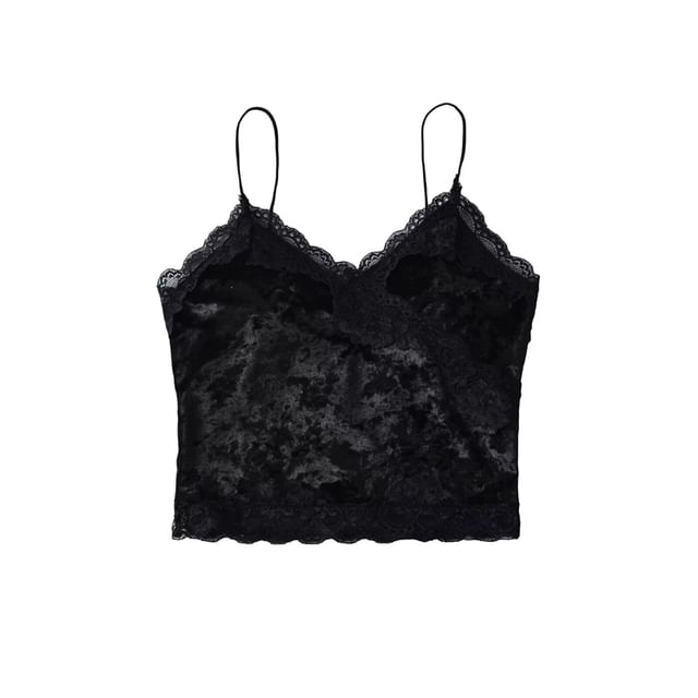 Velvet Lace-Trimmed Deep V-Neck Cami Blouse