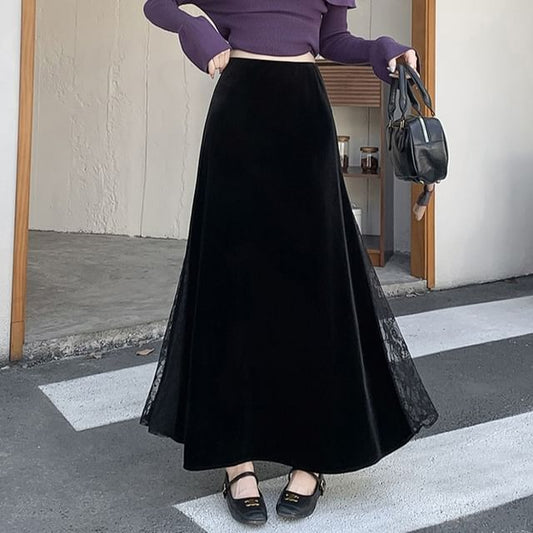 High-Waist Velvet Lace Panel Maxi Skirt