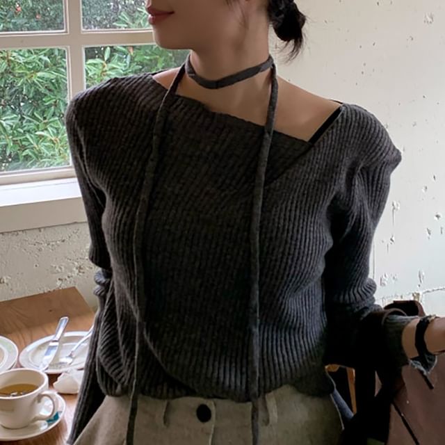 Asymmetrical Neck Ribbed Knit Long-Sleeve Top with Twist