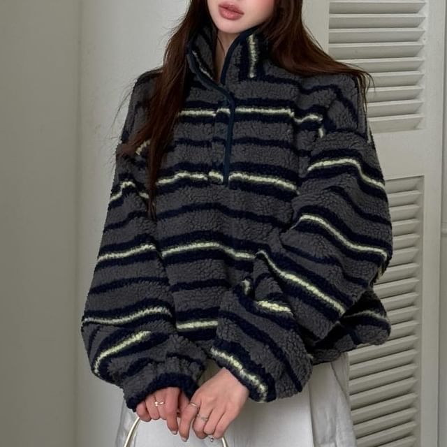 Collared Striped Fleece Sweatshirt with Button Front