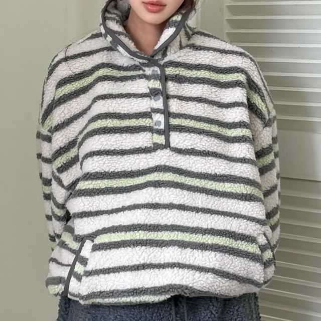 Collared Striped Fleece Sweatshirt with Button Front