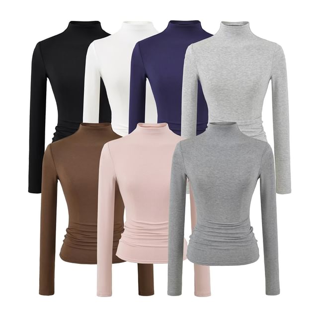 Mock Neck Long-Sleeve Solid Knit Tee with Ribbed Texture