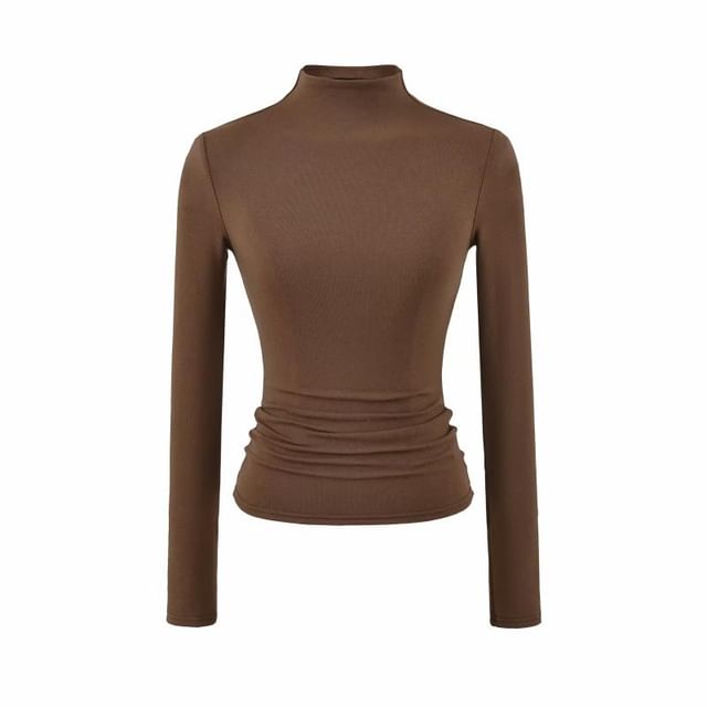 Mock Neck Long-Sleeve Solid Knit Tee with Ribbed Texture