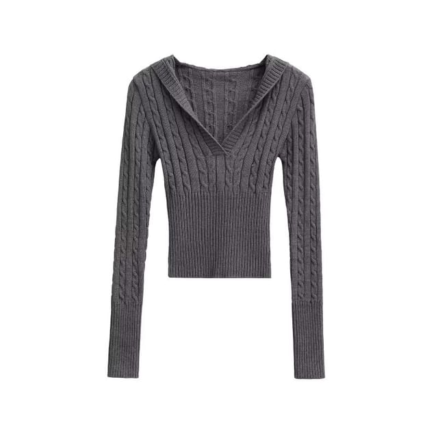 V-Neck Cable Knit Crop Sweater with Long Sleeves