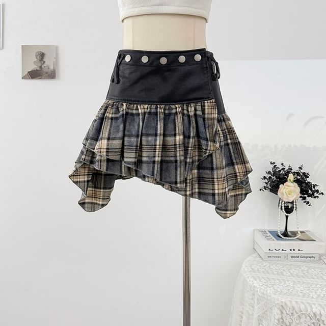 Plaid Studded High Waist Asymmetrical Mini Skirt