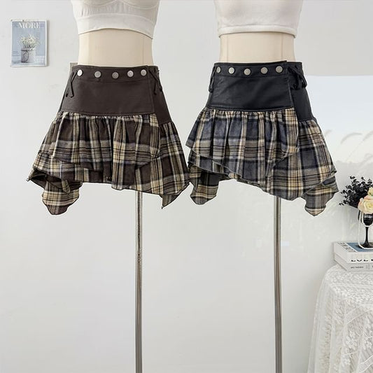 Plaid Studded High Waist Asymmetrical Mini Skirt